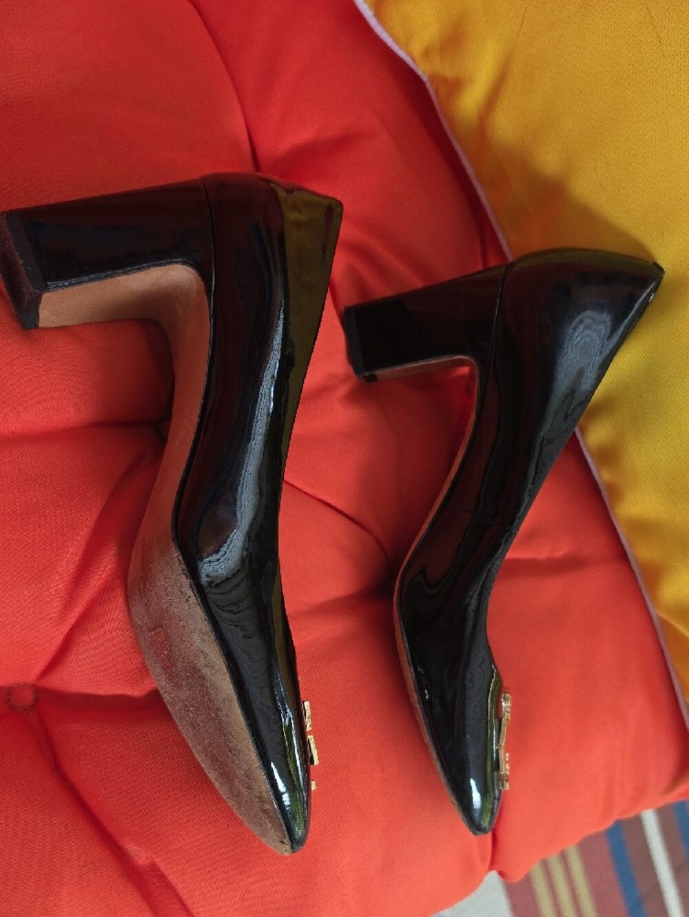 Tory Burch Black Patent Leather Flats with Gold Logo - Picture 3 of 7
